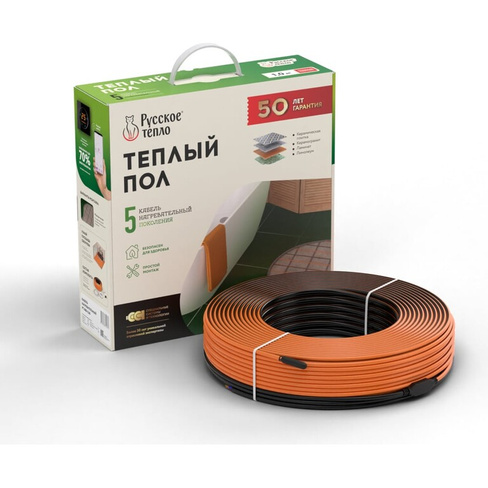 Теплый пол Русское тепло нагревательный кабель 10,5 м (230 Вт) с терморегулятором РТ-05 7722684