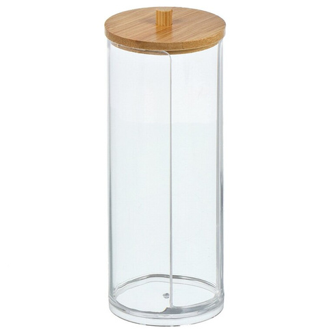 Контейнер для ватных дисков, 7.5х7.5х19 см, бамбуковая крышка, пластик, прозрачный, Y4-7849