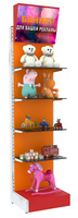 Пристенный разноцветный стеллаж со световым коробом и полками из тонированного стекла для магазина игрушек KIDS-ПСТ-СК-7