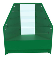 Прилавок зеленого цвета угловой с наклонным стеклом и четырьмя полками серии ИЗУМРУД ПА-02