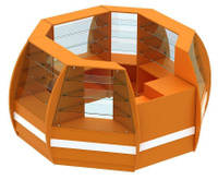 Торговый островок оранжевого цвета из стекла и ДСП закругленный серии АПЕЛЬСИН БР-01 (6,43 кв.м)