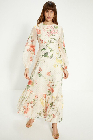 Миниатюрное платье с объемными рукавами и цветочным принтом металлик Oasis, белый