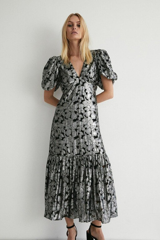 Жаккардовое платье миди с блестками и V-образным вырезом Warehouse, черный