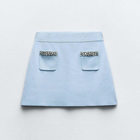 Юбка-мини Zara Plain Knit With Rhinestone Appliques, голубой