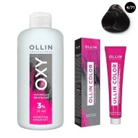 Ollin Professional Ollin Color - Набор (Перманентная крем-краска для волос, оттенок 4/71 шатен коричнево-пепельный, 100