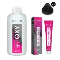 Ollin Professional Ollin Color - Набор (Перманентная крем-краска для волос, оттенок 2/0 черный, 100 мл + Окисляющая эмул