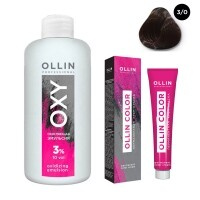 Ollin Professional Ollin Color - Набор "Перманентная крем-краска для волос, оттенок 3/0 темный шатен, 100 мл + Окисляюща