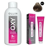 Ollin Professional Ollin Color - Набор (Перманентная крем-краска для волос, оттенок 8/1 светло-русый пепельный, 100 мл +