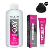 Ollin Professional Ollin Color - Набор "Перманентная крем-краска для волос, оттенок 2/0 черный, 100 мл + Окисляющая эмул