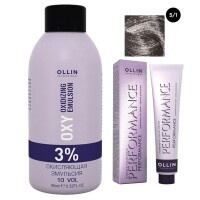 Ollin Professional Performance - Набор (Перманентная крем-краска для волос, оттенок 5/1 светлый шатен пепельный, 60 мл +