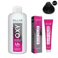 Ollin Professional Ollin Color - Набор (Перманентная крем-краска для волос, оттенок 4/71 шатен коричнево-пепельный, 100