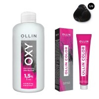 Ollin Professional Ollin Color - Набор (Перманентная крем-краска для волос, оттенок 1/0 иссиня-черный, 100 мл + Окисляющ