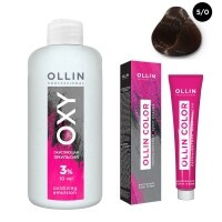 Ollin Professional Ollin Color - Набор (Перманентная крем-краска для волос, оттенок 5/0 светлый шатен, 100 мл + Окисляющ