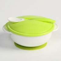 Набор детской посуды: миска на присоске 400мл, с крышкой, ложка, цвет белый/зеленый Крошка Я