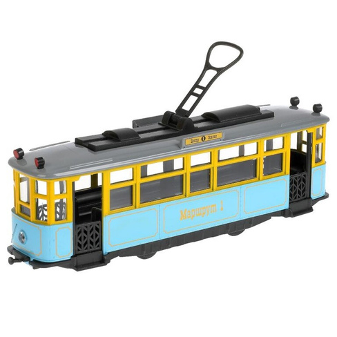 Инерционная металлическая модель - Трамвай Ретро 17 см, синий, со светом и звуком Технопарк
