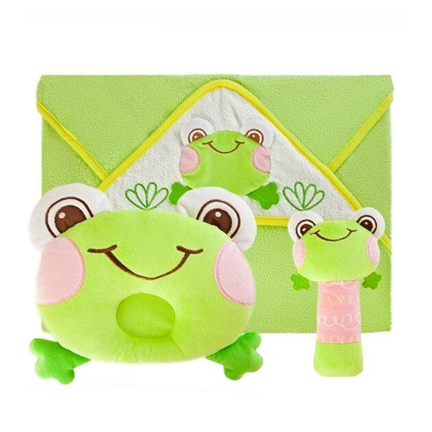 Подарочный набор "Забавный лягушонок" полотенце, погремушка и подушка Жирафики