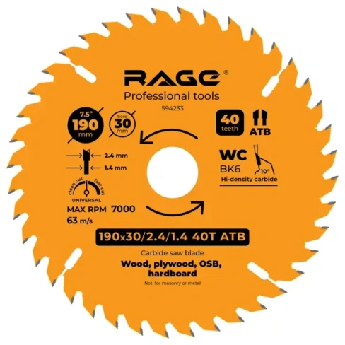 Диск пильный по дереву Rage 40Т 190x30x2.4 мм, кольца 20/16 RAGE 190/40