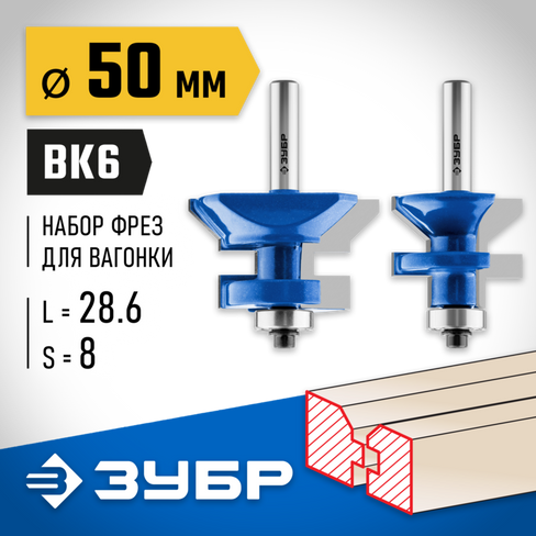 ЗУБР 50x30мм, хвостовик 8мм, Набор фрез для вагонки