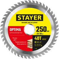 STAYER OPTIMA 250 x 32/30мм 40Т, диск пильный по дереву, оптимальный рез